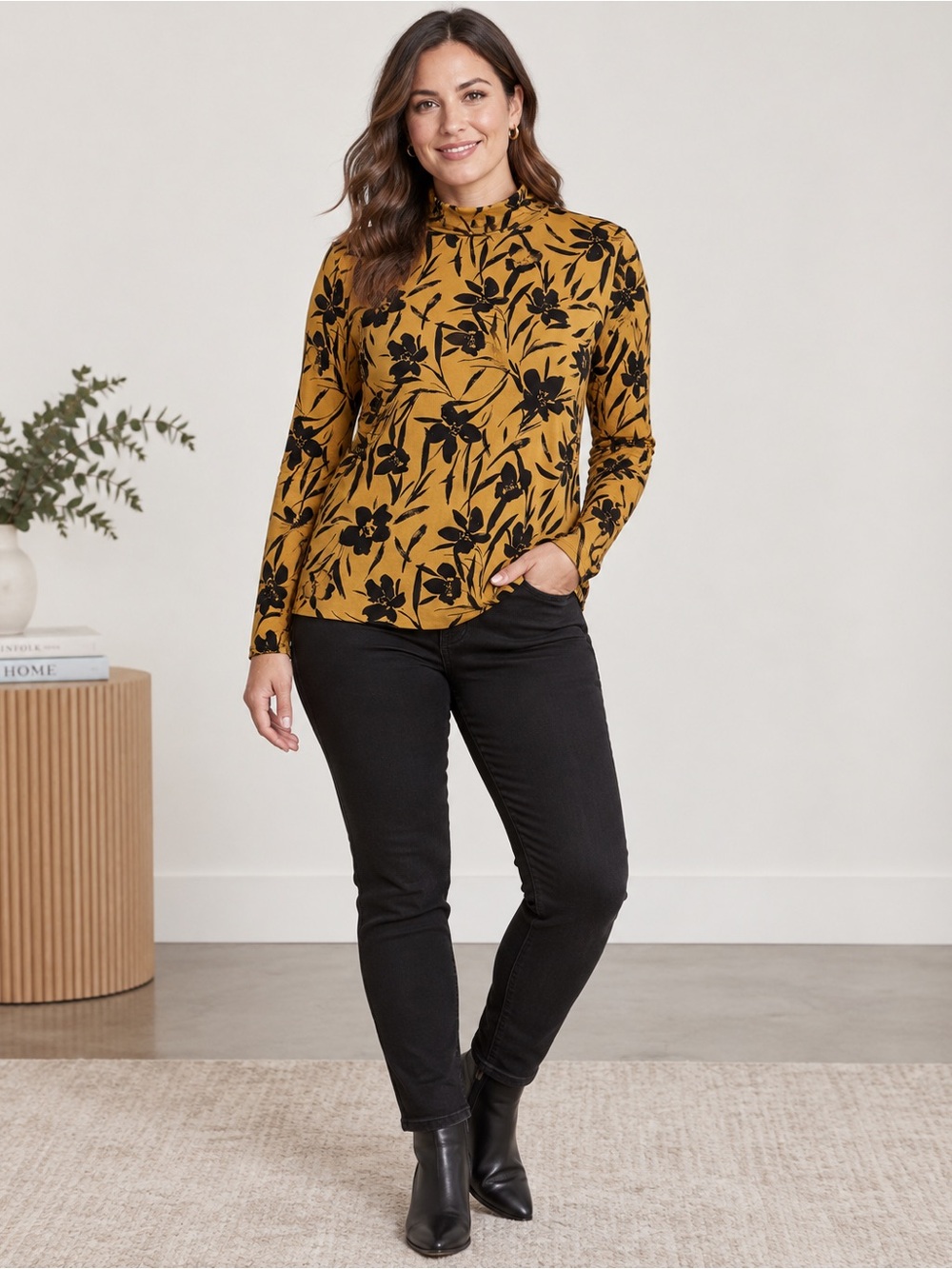 RW&CO Mustard Black Floral Mock Neck Top Size L